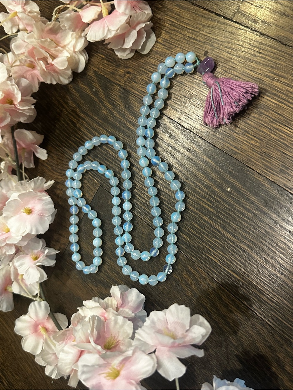 Handmade Opalite 108 Beaded Mala Necklace with Lavender Tassel